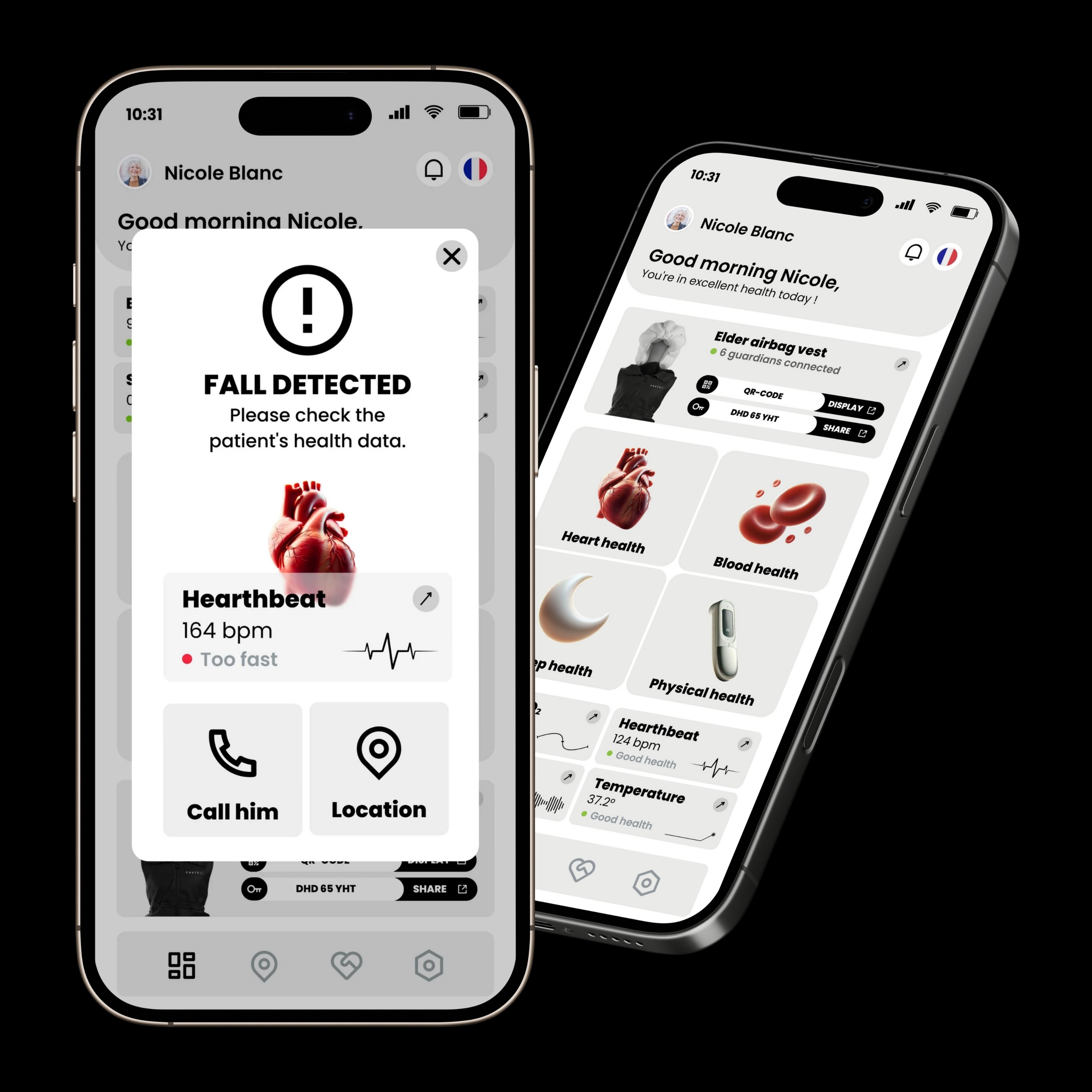 Fall detected alert with heartbeat monitoring on Chutex health app interface