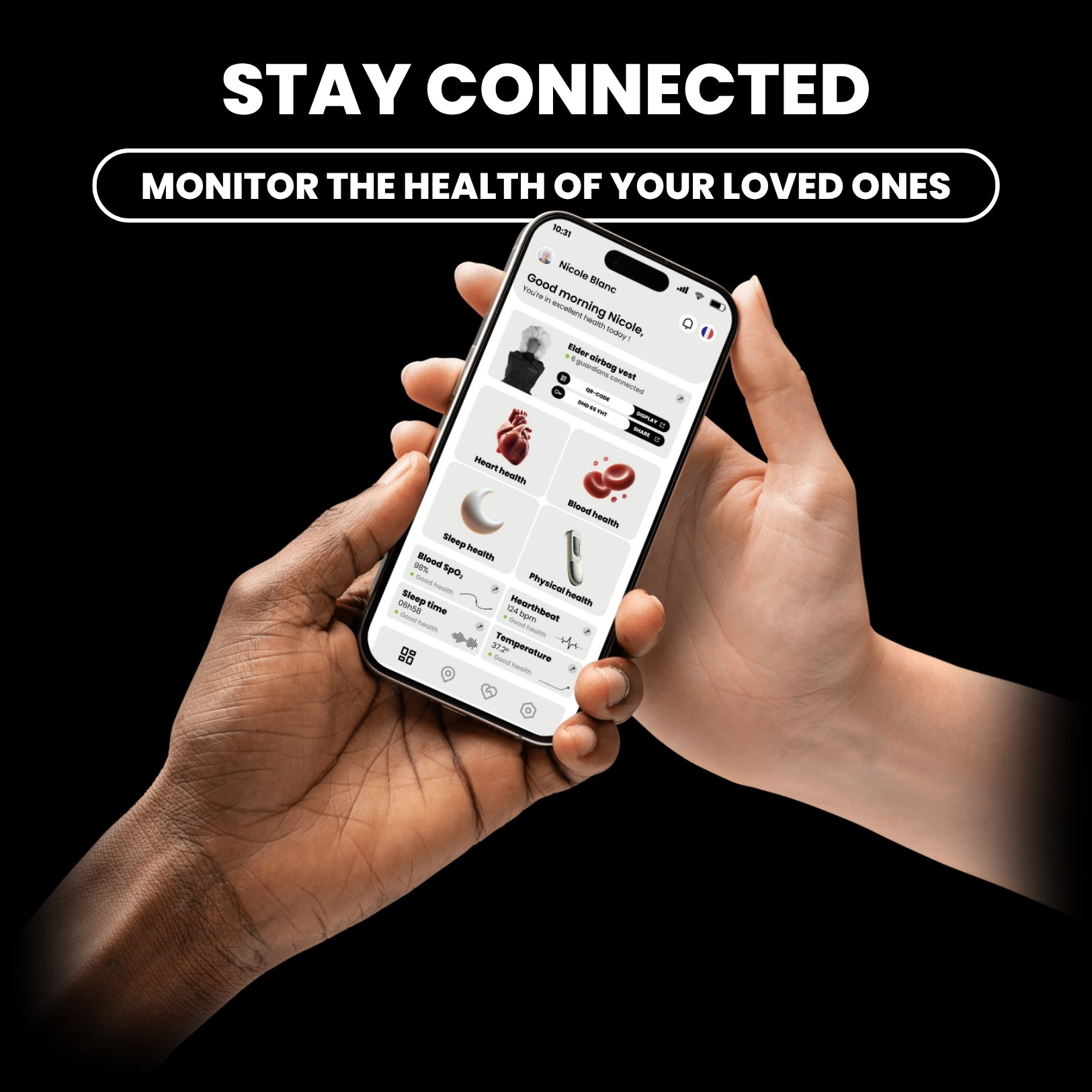 Two hands holding a smartphone showing the Chutex app interface to monitor loved ones’ health remotely