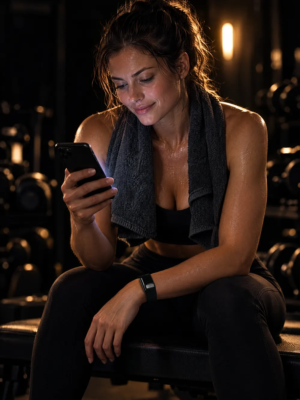 Sportive assise en salle après sa séance, qui lit les consignes de son coach sur son téléphone