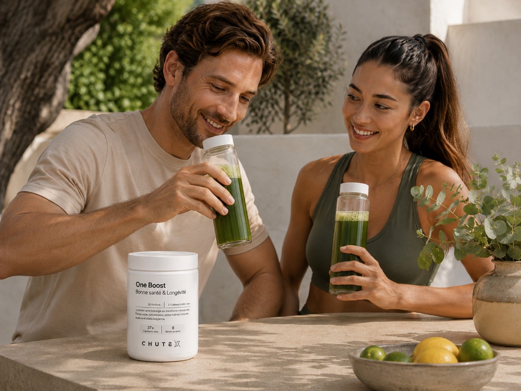 Couple buvant One Boost sur une terrasse, pot Chutex, shaker vert