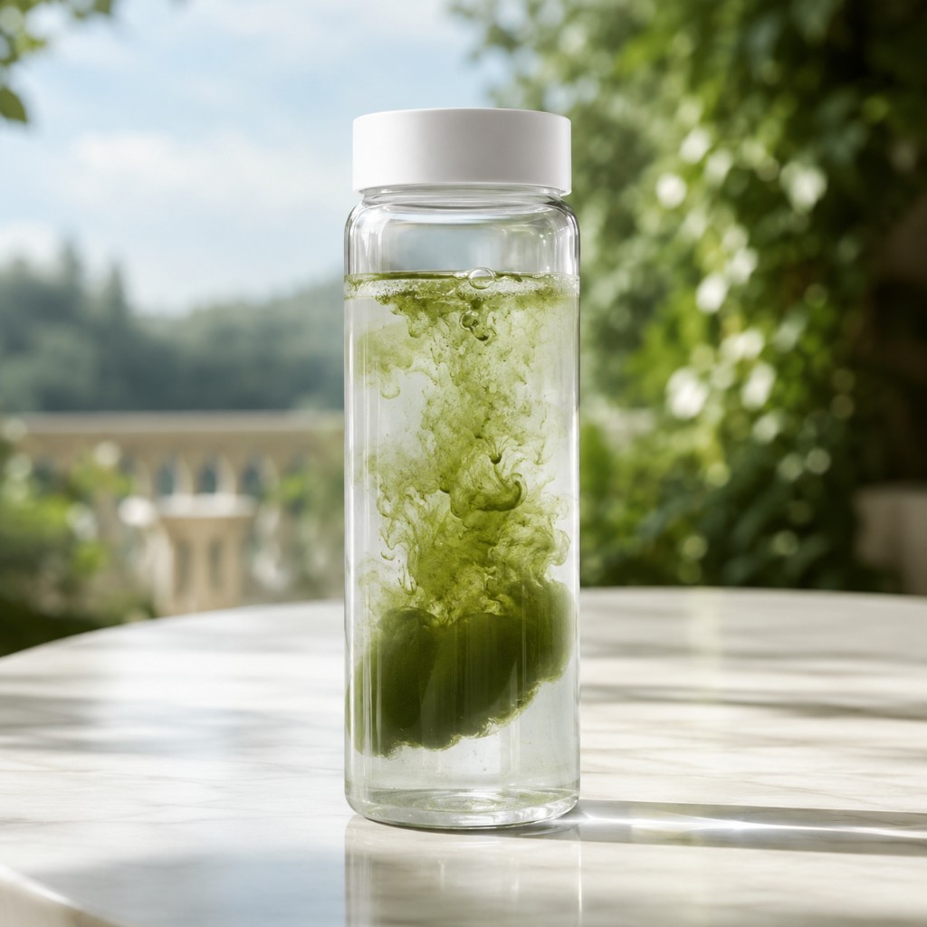 One Boost, poudre verte se dissolvant dans une bouteille d'eau, terrasse ensoleillée