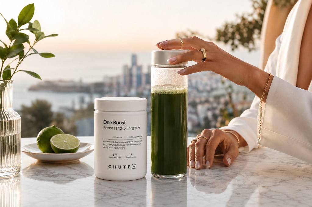 One Boost, terrasse au coucher du soleil, pot Chutex et boisson verte