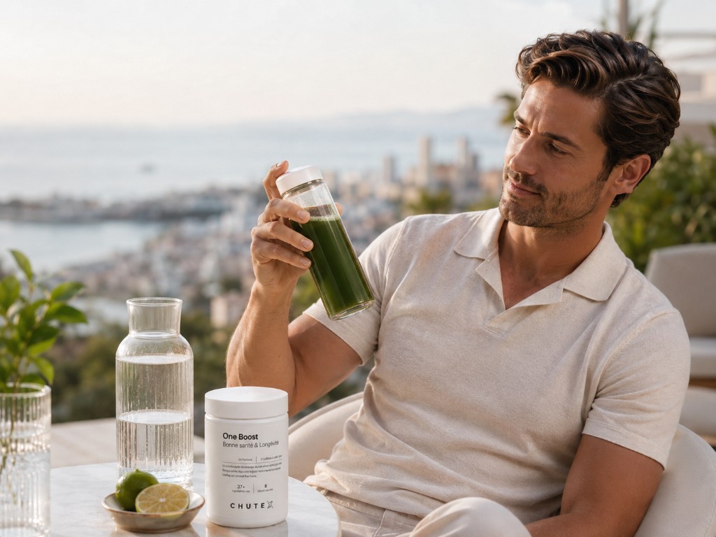 Homme sur terrasse avec One Boost, pot Chutex et boisson verte