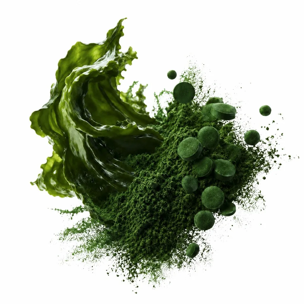 Spiruline et chlorelle, poudre verte, comprimés et extrait d'algues, ingrédient clé One Boost Chutex