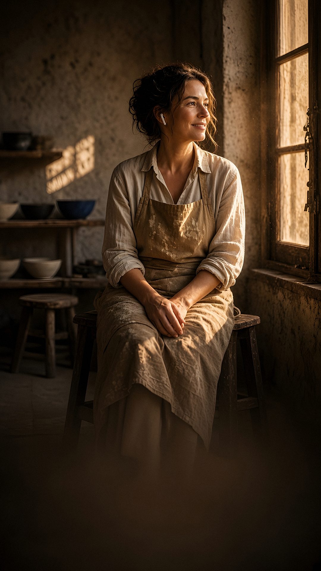 A ceramicist talks to Aria in her studio, in the evening light