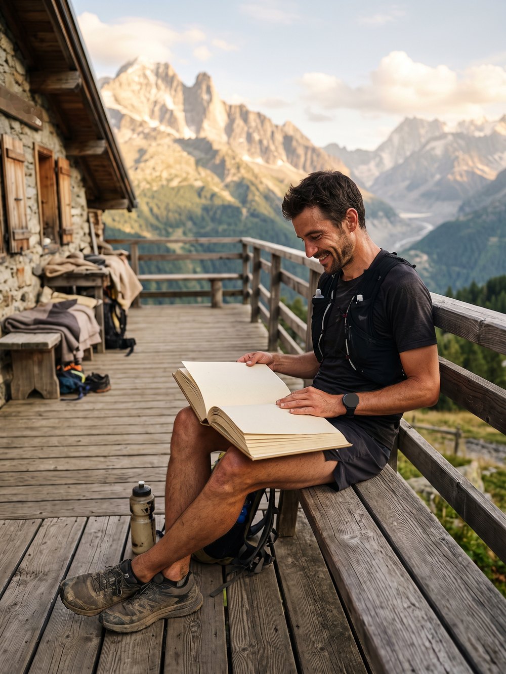 A trail runner reading his book at the summit, facing the mountains
