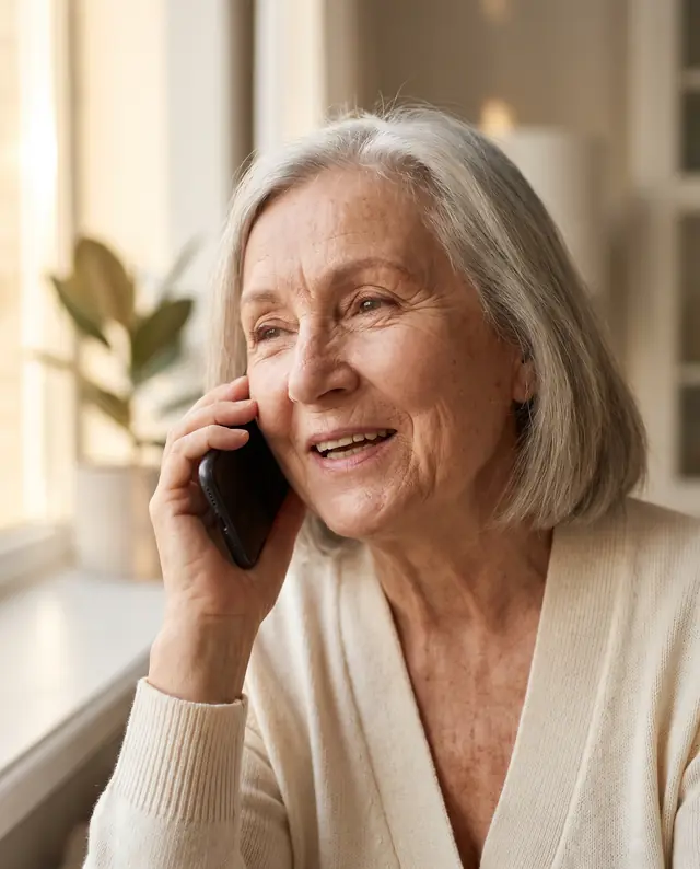 A woman in her seventies smiles as she holds her phone, by a window