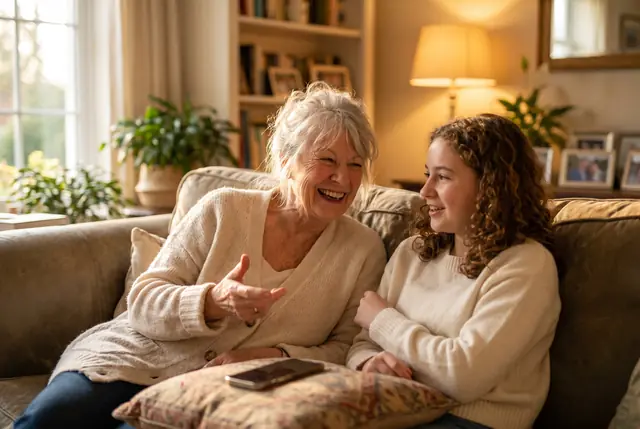A grandmother laughs with her granddaughter on a sofa, a phone resting between them
