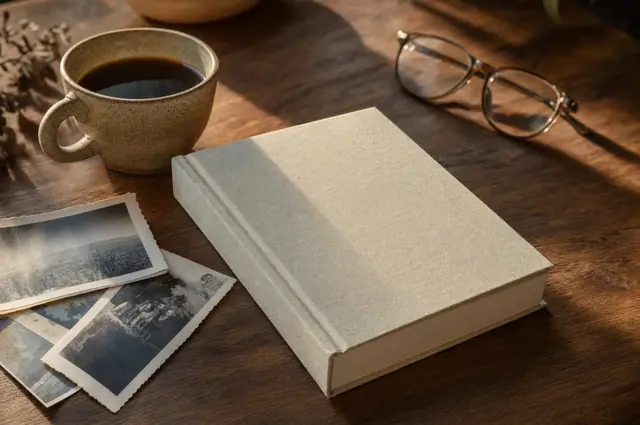 A hardback book on a wooden table with old photographs, glasses and a cup