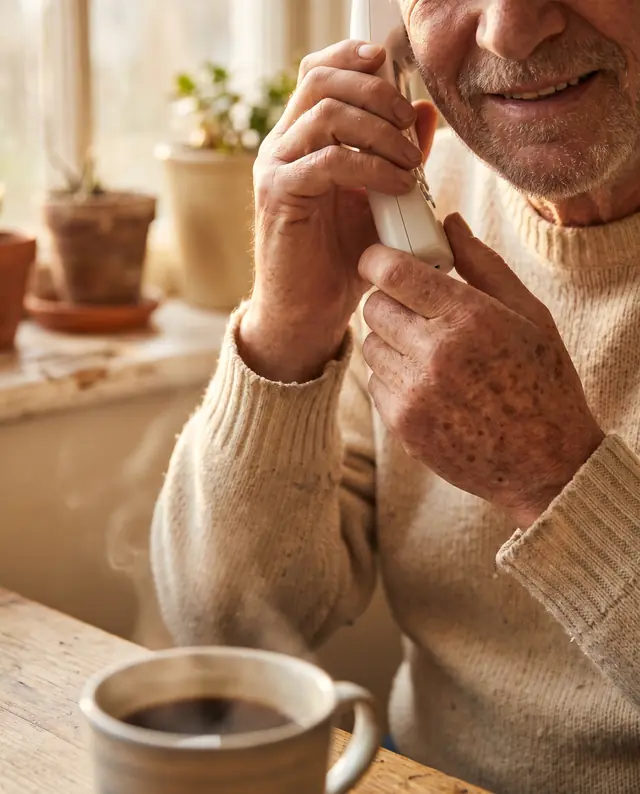 The hands of a man in his seventies hold a landline handset to his ear, a cup of coffee in front of him