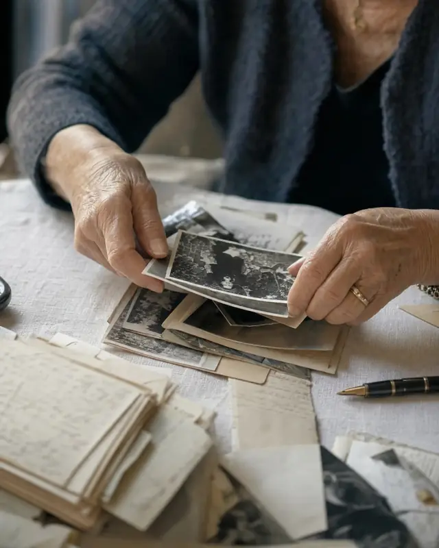 The hands of an elderly woman sort old black-and-white photographs on a table