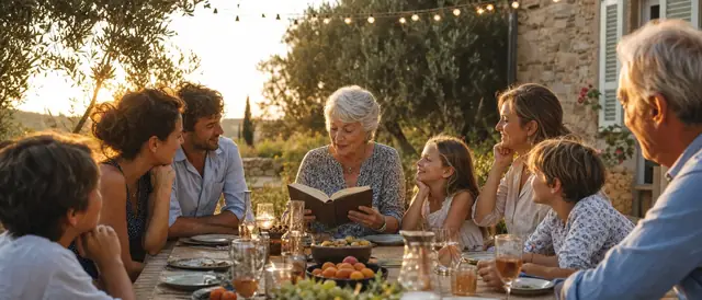Friends and a family together on a terrace, at sunset