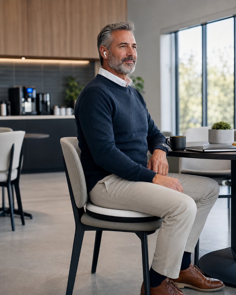 Salarié en salle de pause avec le coussin Dorsi pour une séance lombaire de prévention