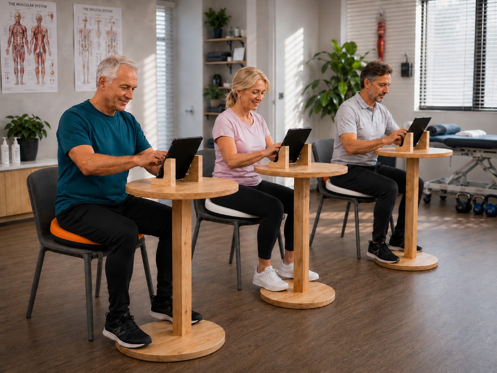 Patients en cabinet kiné réalisant un bilan lombaire sur coussin Dorsi avec tablette