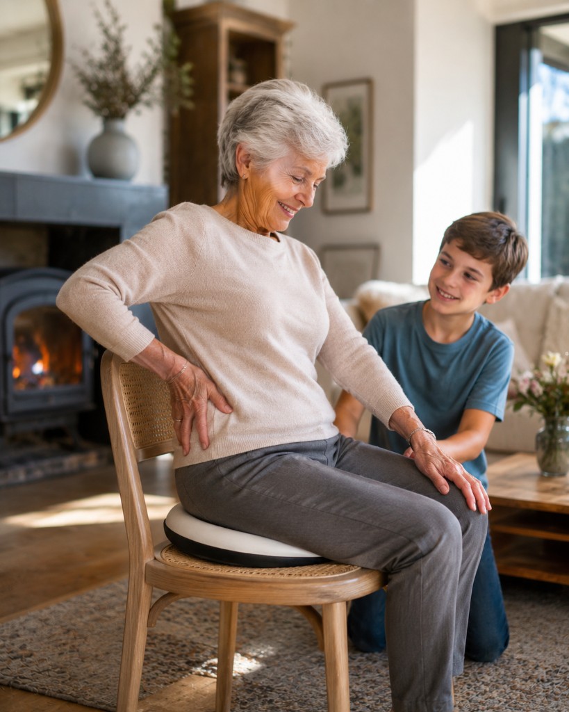 Femme senior soulagée avec le coussin Dorsi, accompagnée de son petit-fils