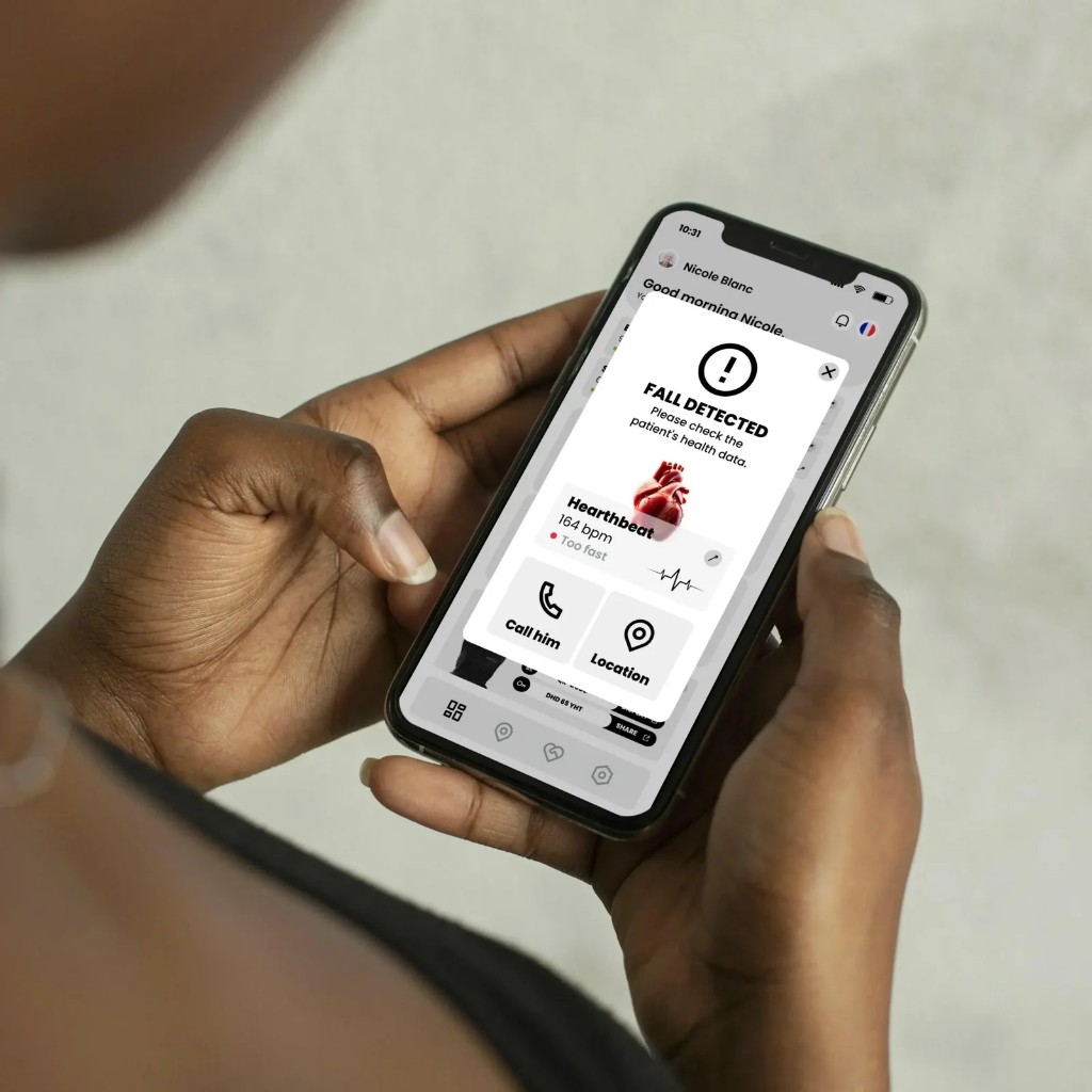 Application Chutex, alerte chute détectée avec fréquence cardiaque et actions d'urgence