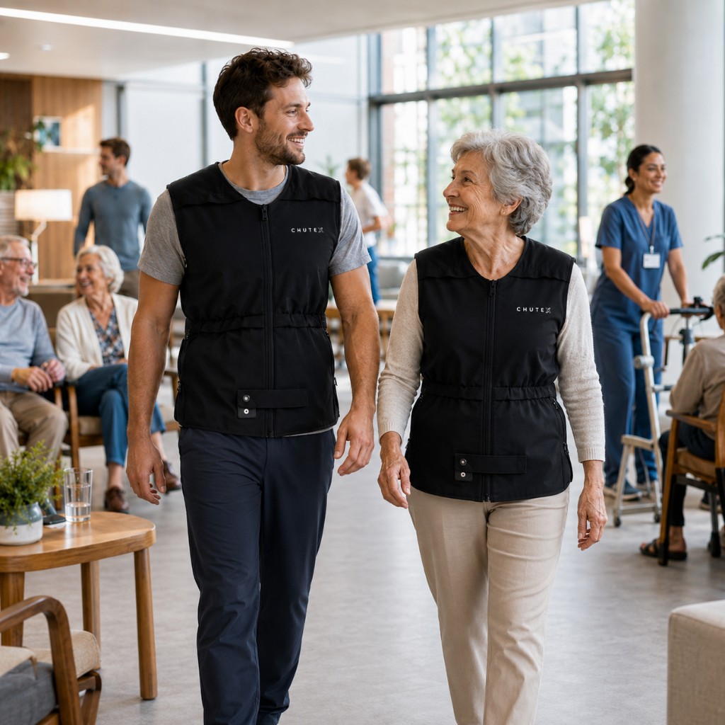 Homme et femme portant le gilet Elder CHUTEX dans un établissement de soins