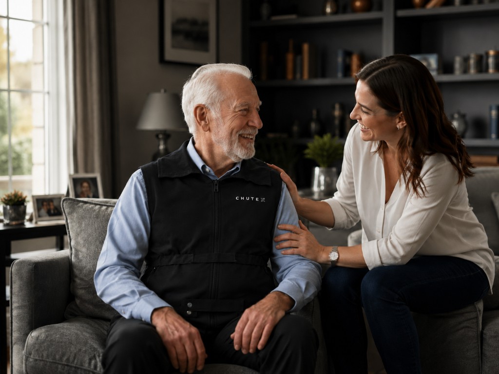 Grand-père portant le gilet Elder CHUTEX, moment de complicité avec sa petite-fille au salon