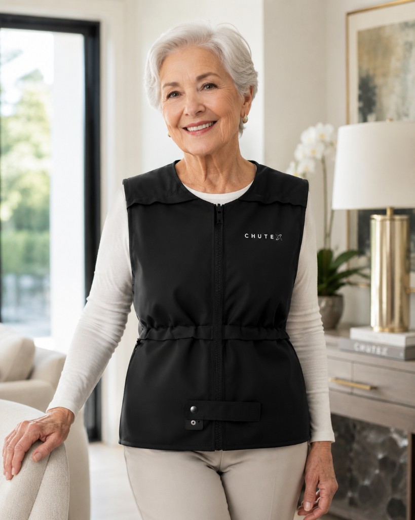 Femme senior portant le gilet Elder chez elle, au quotidien