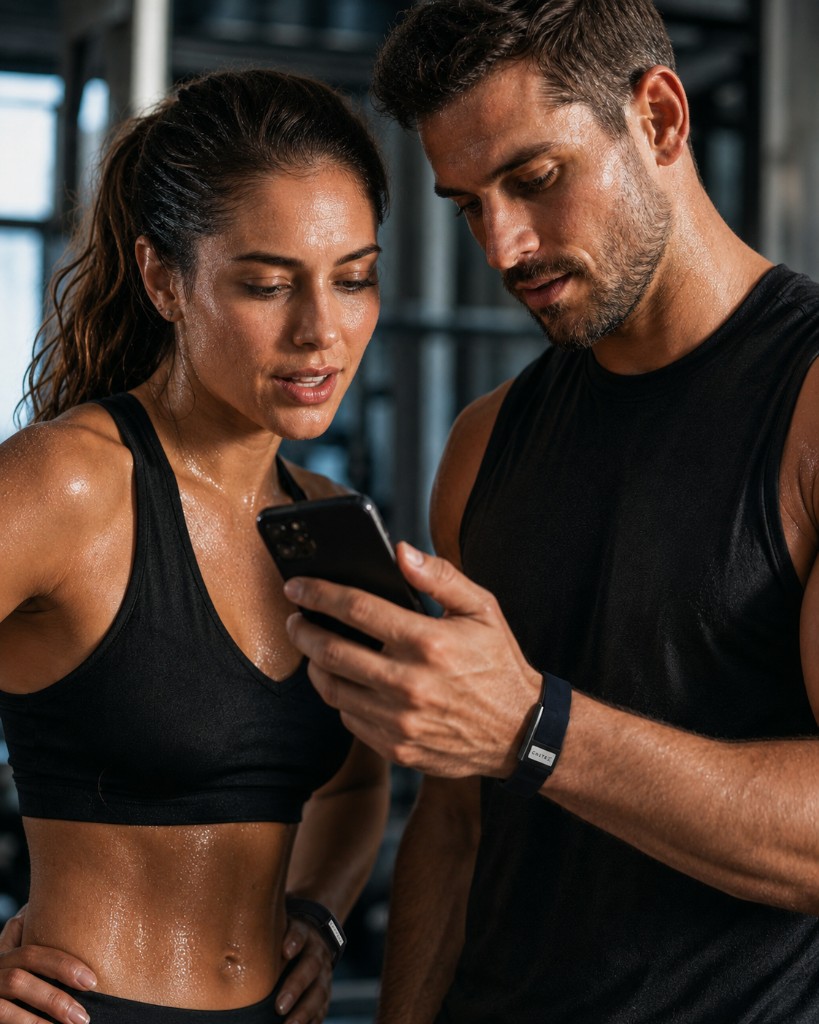 Couple sportif consultant ses données de suivi sur smartphone après l'entraînement