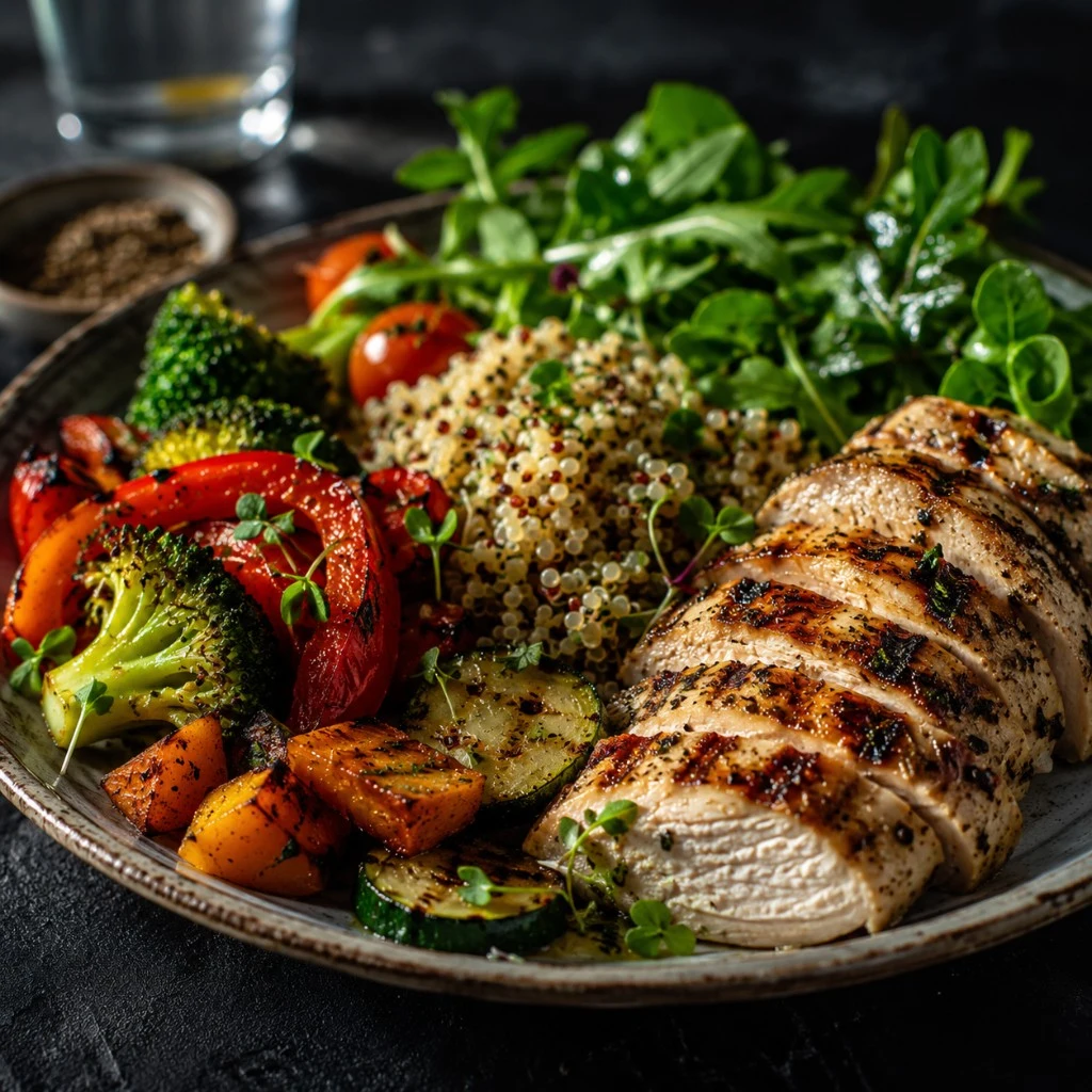 Déjeuner équilibré avec poulet grillé, quinoa et légumes