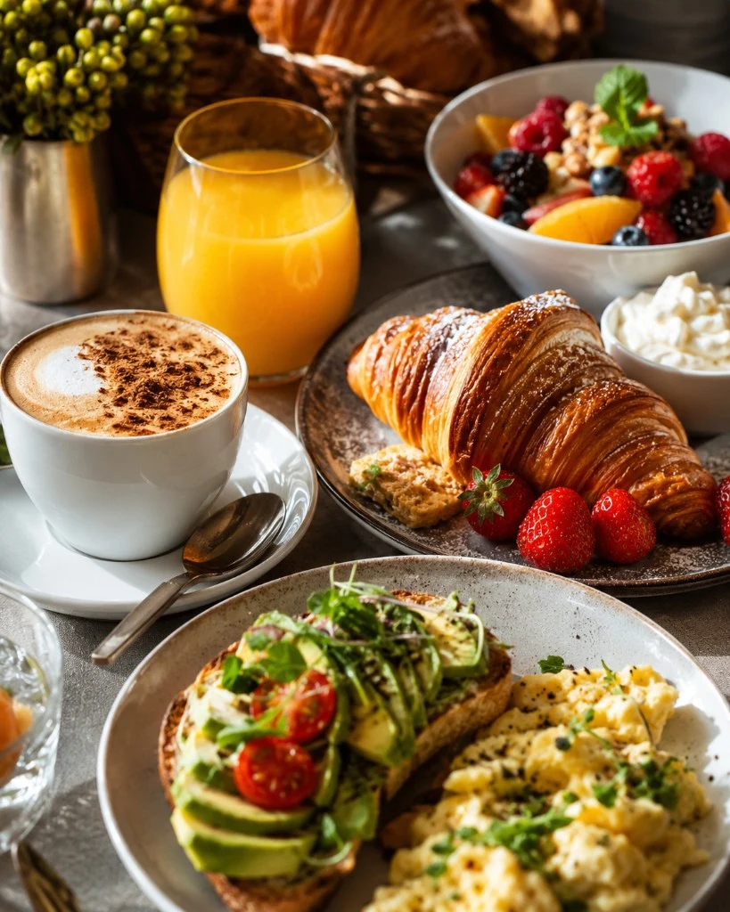 Petit-déjeuner équilibré avec fruits, café et viennoiseries
