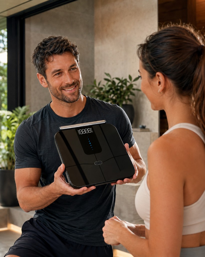 Couple découvrant la balance Vita 8 électrodes avec barre de mesure