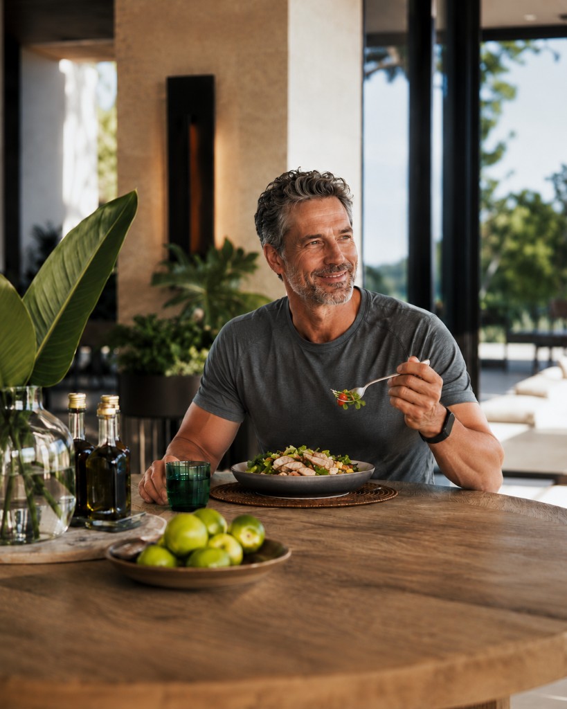 Homme en pleine forme savourant un repas équilibré, plan nutritionnel Vita