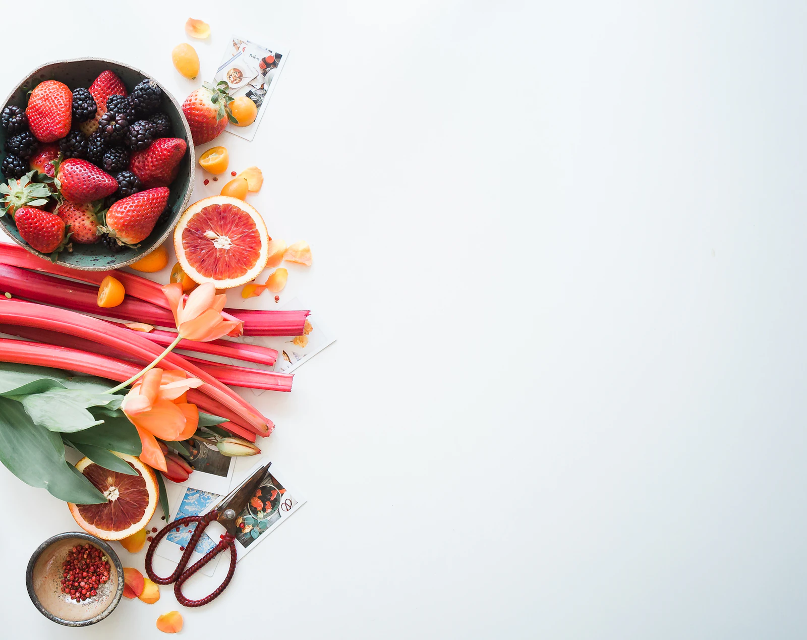 Fruits frais, rhubarbe et agrumes disposés sur un fond blanc